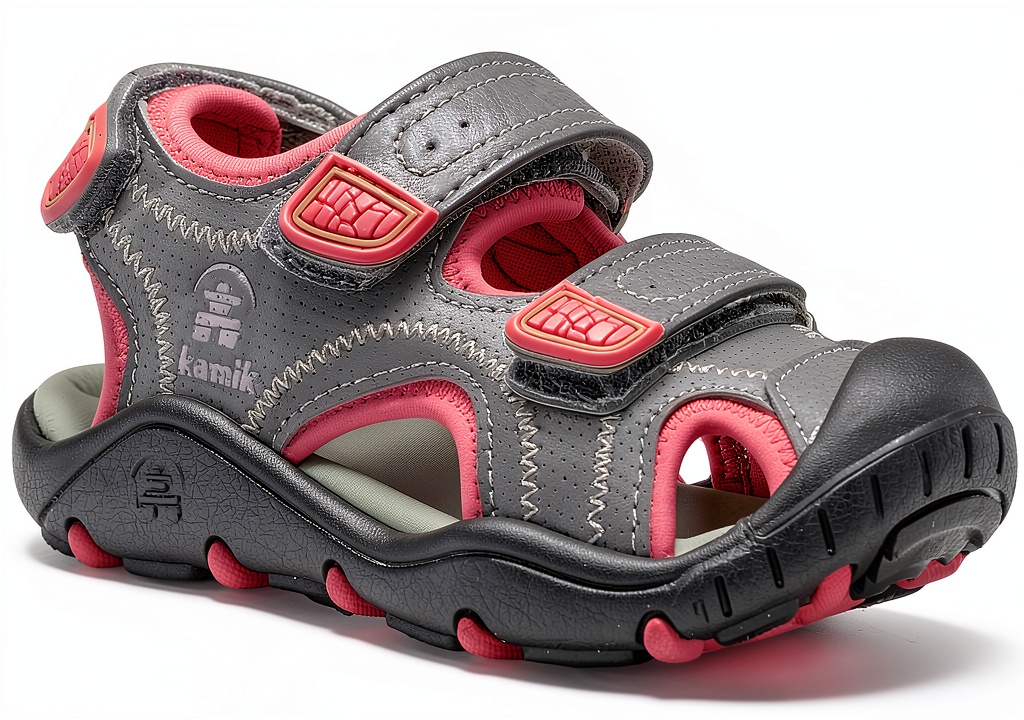 Kamik girls sport sandals in Light Grey Pink on a grassy field