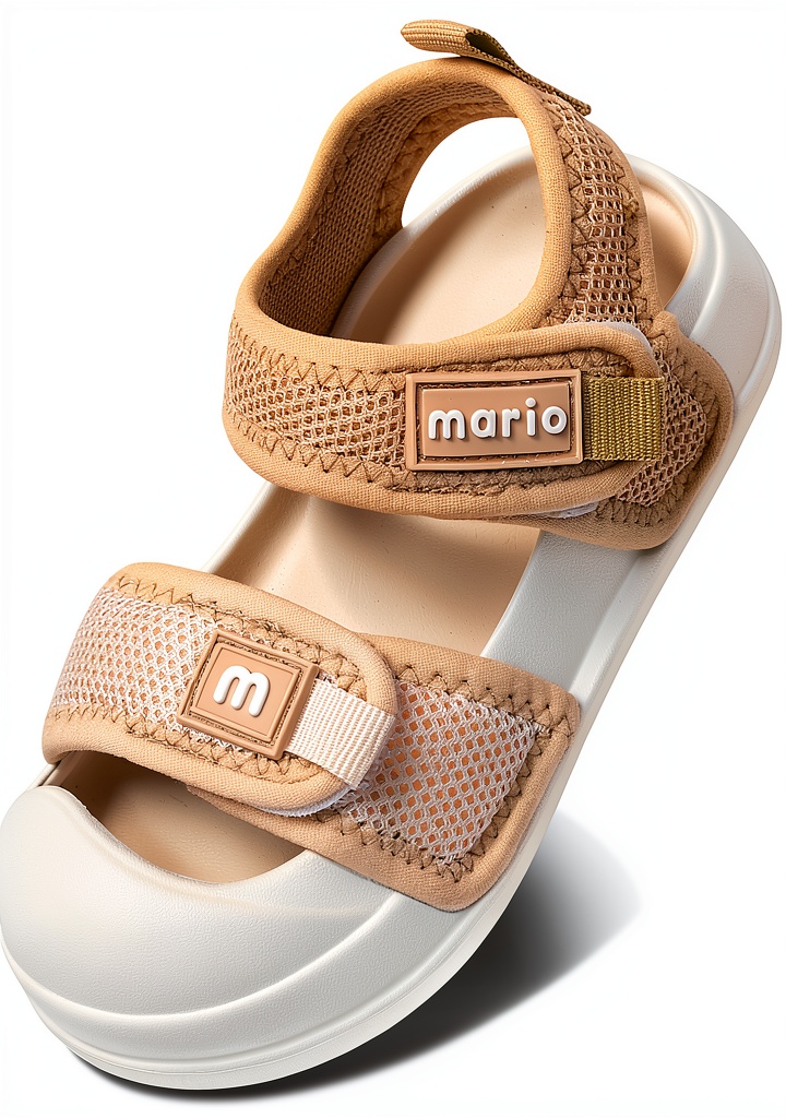 Kids wearing sandals on a sandy beach