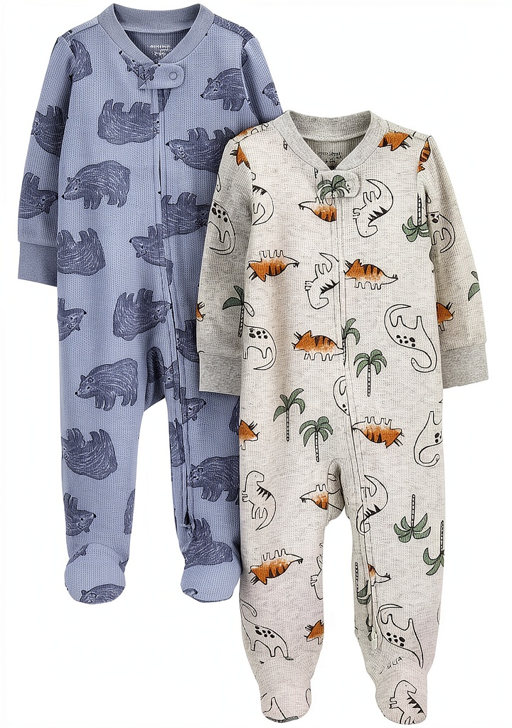 Baby boy wearing Carters footed pajamas in a cozy nursery