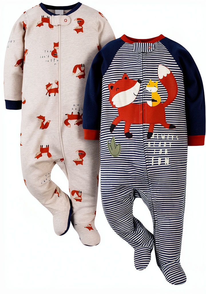Gerber baby boys Sleep n Play set showing fox print and navy stripe designs