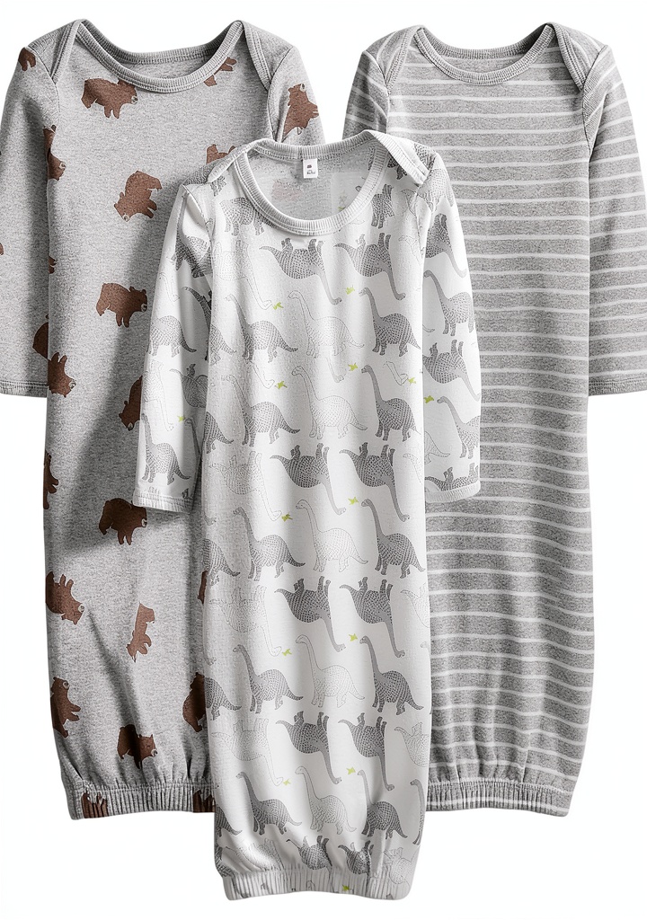 'Carters baby sleep gowns in neutral colors on a crib'