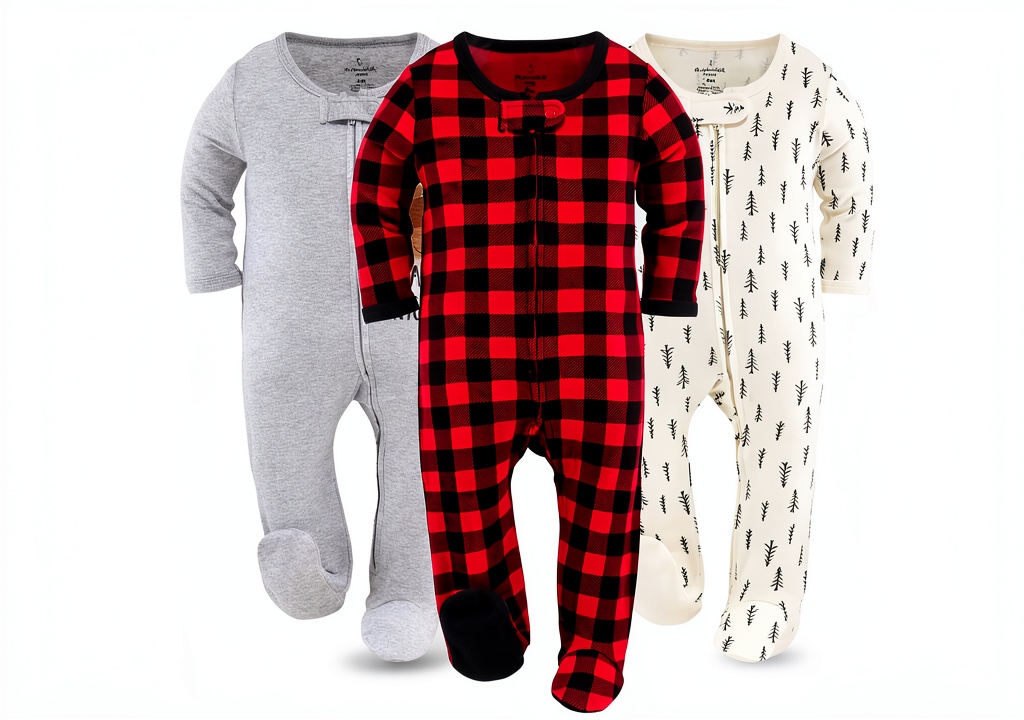 Peanutshell baby sleeper in red buffalo plaid design on an infant