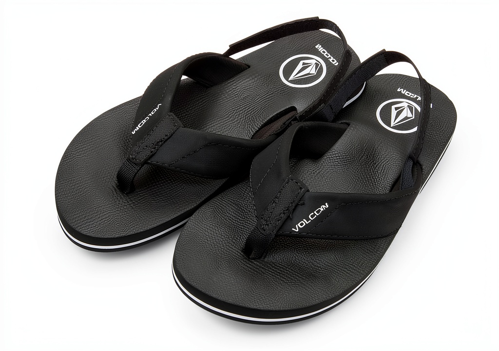 Volcom Kids Sandals being worn by a child on a sandy beach, showing the heel strap in use