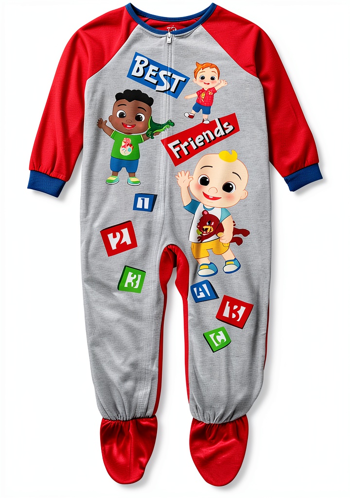 CoComelon footed onesie pajamas on a baby boy in a nursery setting