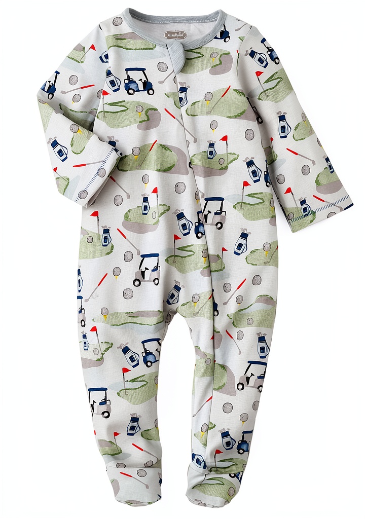 Mud Pie baby boys sleeper with golf print on a light blue background
