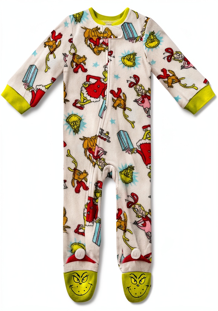 Grinch baby sleeper showing soft fleece material and zipper guard