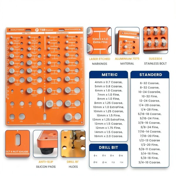T&D 42 Holes Nut and Bolt Thread Checker Inch Gauge 8 Drill Bits-5